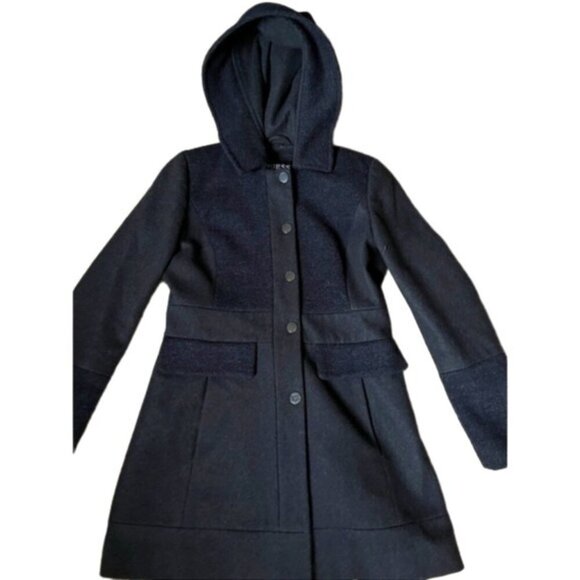 Guess Medium Charcoal Grey Colorblock Hooded Wool Blend Coat Stand Collar - Picture 3 of 8